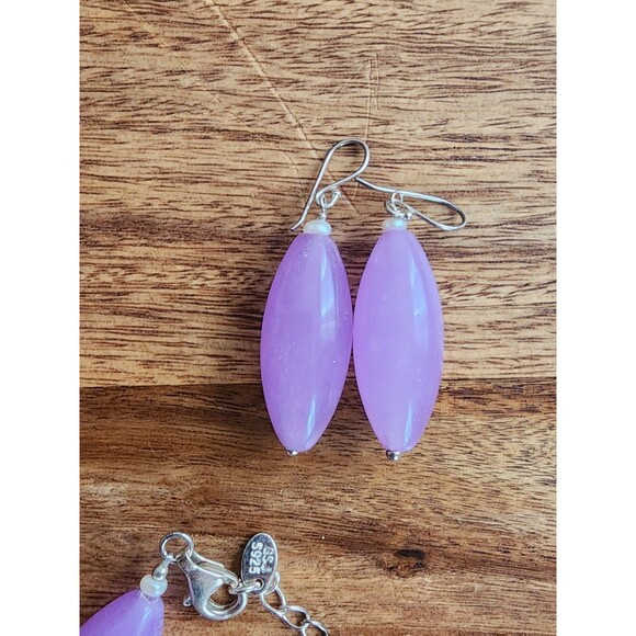 Lavender Jade Purple Gemstone Sterling Silver Signed GSJ Necklace Earrings Set 3 - Picture 5 of 7
